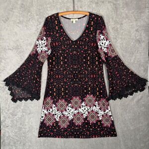 Prelude Womens Boho Bell Sleeve Mandala Floral V-Neck Tunic Dress Black Large